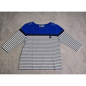 Karen Scott Shirt Women's Petite Large Blue White Black Stripe Top Buttons